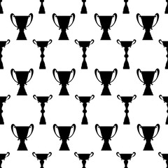 Winner trophy cup seamless pattern. Black simple silhouette texture. Championship prize for first place. Vector illustration.

