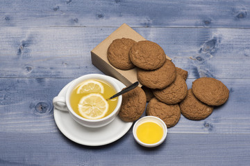 Sweet bakery and tea time. Oatmeal biscuits as tasty pastry