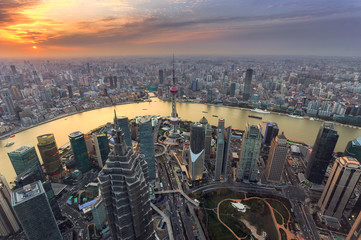Shanghai skyline and cityscape at sunset