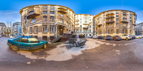 3D spherical panorama with 360 viewing angle. Ready for virtual reality or VR. Full equirectangular projection. View on a typical yard in the old district of the city. St. Petersburg