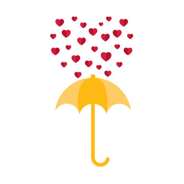 Vector yellow outdoor umbrella and floating red hearts for Valentine's day vector illustration isolated elements on white background. Vector rain of hearts