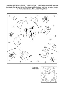 Valentine's Day themed connect the dots picture puzzle and coloring page with teddy bear and heart. Answer included.
