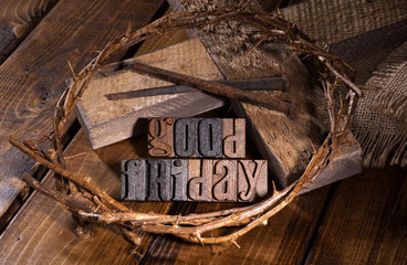 Good Friday Wooden Text With Cross and Crown of Thorns