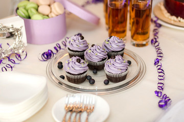 candy bar decorated by delicious sweet buffet with cupcakes and other desserts/candies,happy birthday concept