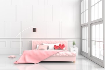 Red hearts on pink bed in bedroom of love.Decor with two hearts, tree in glass vase, wood bedside table,window,pillow,lamp, blanket,Rooms of Love on Valentine`s Day. Background and interior. 3D render