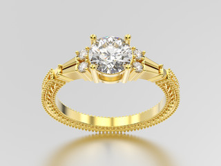 3D illustration yellow gold decorative diamond ring with  ornament