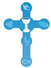 Christian cross various symbols on blue background