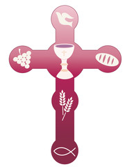 Christian cross various symbols on purple background