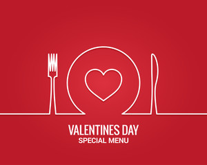 Valentines day menu. Fork and knife with plate line.