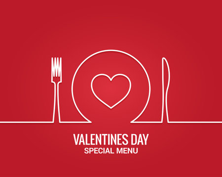 Valentines Day Menu. Fork And Knife With Plate Line.