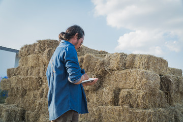 Naklejka na ściany i meble smart farmer checking stock of straw bales to animal feed at farmhouse in morning.