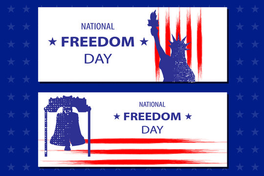 National Freedom Day Illustration with the Statue of Libertyll and the Liberty bell. Poster or banners template - February 1st. USA flag lines as background.