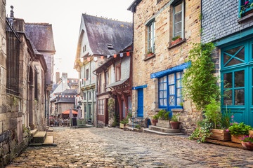 Charming street scene in an old town in Europe at sunset