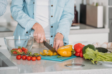 cropped image of woman cutting vegetables for salad