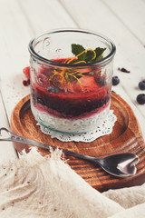 Chia pudding with berries, healthy restaurant dessert