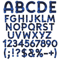 Alphabet, letters, numbers and signs from blue cloth tartan. Isolated vector objects on white background.