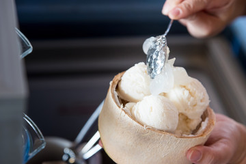 Coconut ice cream. Sweet coconut ice cream in the fresh coconut and plastic spoon. coconut ice cream is very popular dessert in market.Thailand.