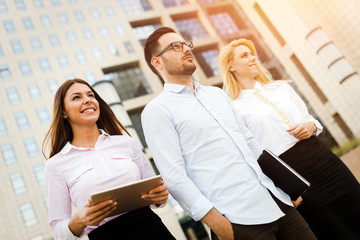 Picture of young attractive business partners standing