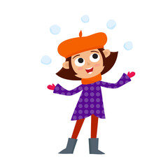 Happy teenage in winter clothes playing with snowballs, vector illustration