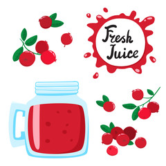 Juice with cranberries in a glass bank, vector cartoon card - 187478813