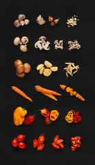 Collage of various vegetables on black background, isolated