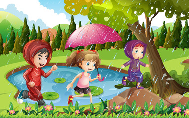 Three kids running in the rain