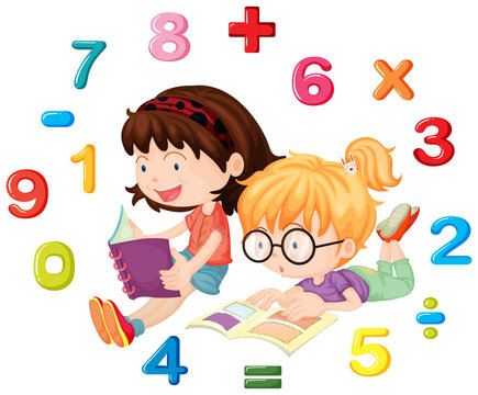 Two girls reading math book
