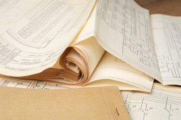 Old electric shemes. Vintage paper documents of electricity diagram.