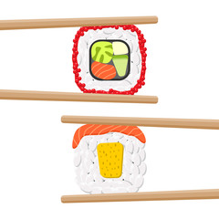 Vector icon set of yummy colored sushi rolls with chopsticks. Different flavours and kinds