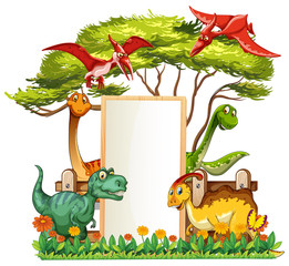 Banner template with many dinosaurs in garden