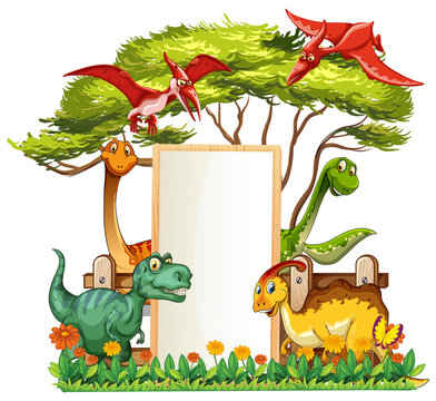 Banner template with many dinosaurs in garden