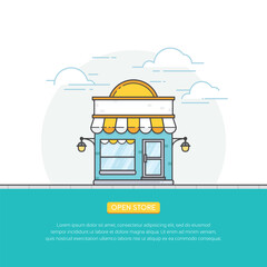 Open online store, store front building vector concept. Storefront illustration in flat style. Online shop, store banner design. Vector illustration