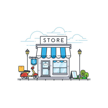 Online store building. Store front and scooter delivery. Street local retail shop building. Vector illustration