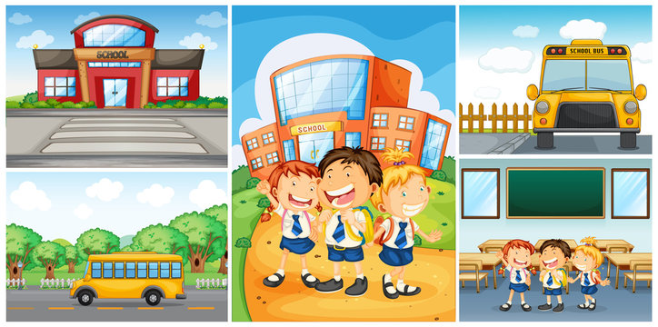 Children and different school scenes