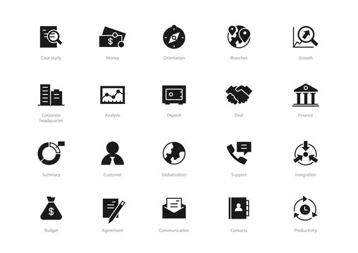 Set of black solid business icons isolated on light background. Contains such icons Case study, Communication, Analysis, Agreement, Integration and more.