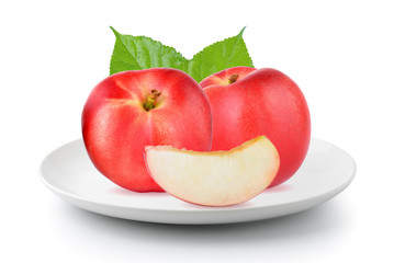 Peach in a plate isolated on a white background