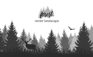 Vector vintage forest landscape with black and white silhouettes of trees and wild animals