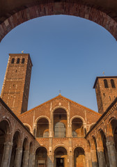 Fototapeta na wymiar The Basilica of Sant'Ambrogio, Milan, Lombardy, Northern Italy. Completed in 1099. Romanesque style