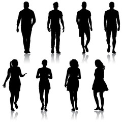 Black silhouette group of people standing in various poses