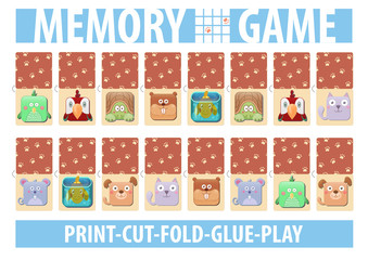 Memory card game with cartoon animals. Different domestic pets.
