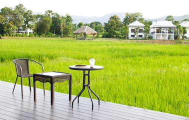 morning coffee at the nature scenery of rice field background