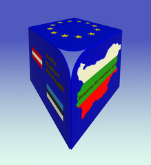 Logo sign of Bulgarian EU council presidency 2018 3D illustration. Enhanced perspective, gradient blue background, flags, motto, 3d text. Collection.