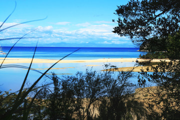 Pristine tropical blue water sandy beach view in Abel Tasman National Park Coast Track 