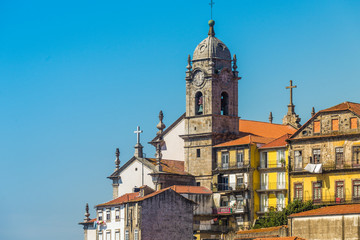 Porto skyline with the Clerigos church tower. View from a terrace in the Flores street, Porto, Portugal