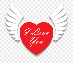 Red heart with white wings isolated on transparent background with caption I love You and shadow for Valentine's card