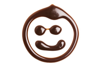 Chocolate caramel sauce face on a plain white backround
