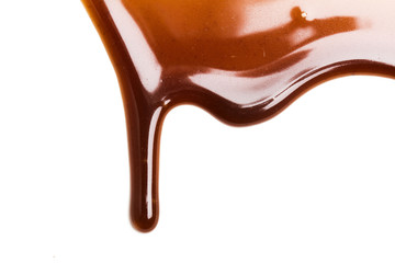 Chocolate caramel sauce drop on a plain white backround