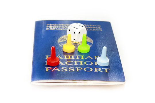 Passport, dice and playing cards center - passport. You can lose everything - life. close-up