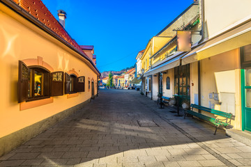 Samobor colorful architecture view. / Scenic view at picturesque old streets in Samobor town, Northern Croatia.