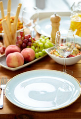 empty plate and wine glass on table with food